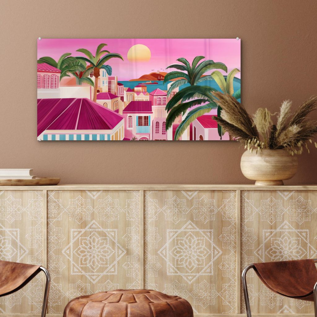 MuchoWow Glasbilder - Bilder auf Wandbild - Foto auf Glas Stadt - Rosa - Palmen 80x40 cm Wanddekoration aus Glas - Acrylglasbild - Acrylbilder - Wa...
