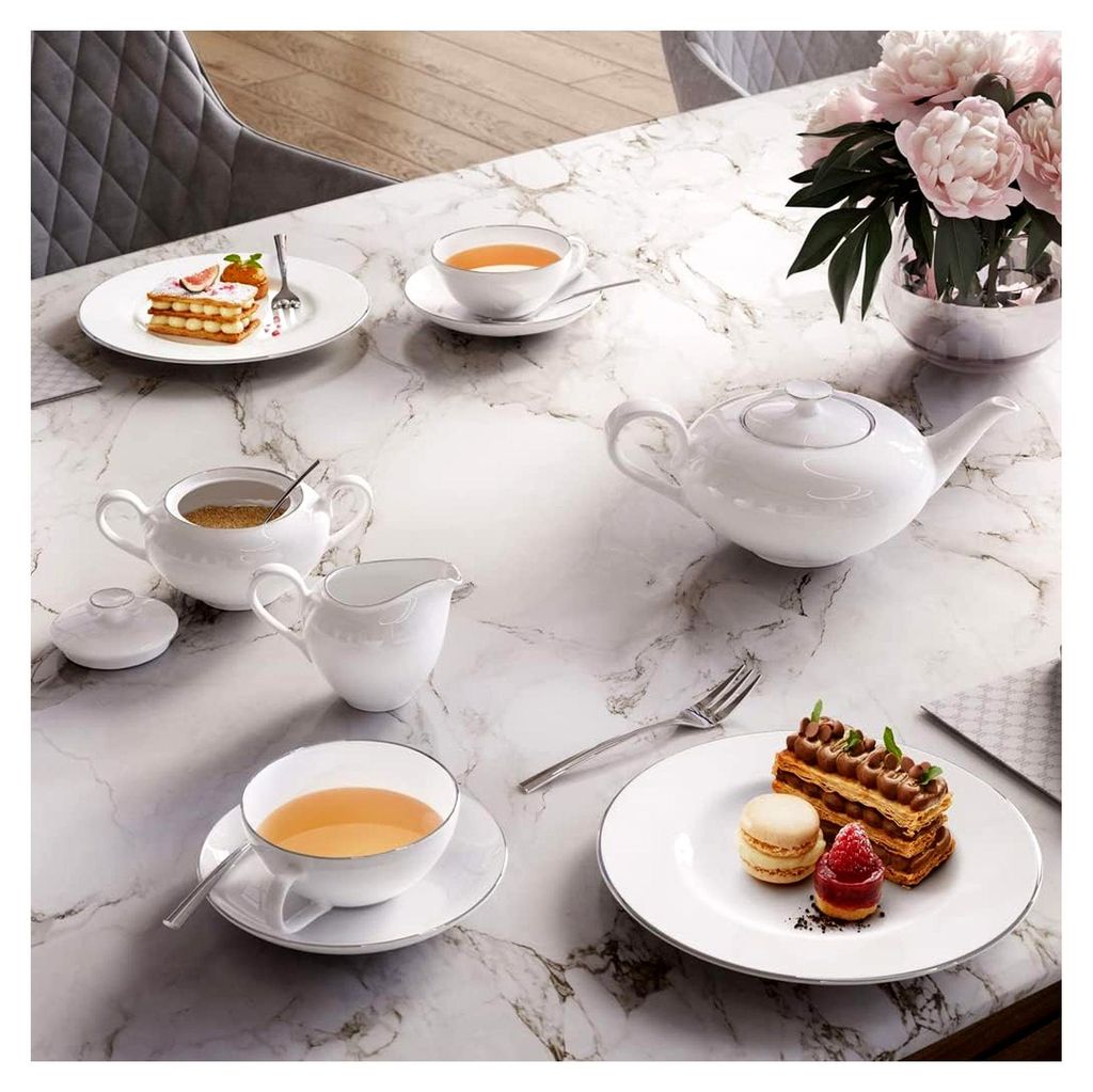 Anmut Platinum No. 1 Kaffee-/Tee-Untertassen 6er Set, 15 cm, Unterteller mit Platinrand, Premium Bone Porzellan, Weiß/Platin