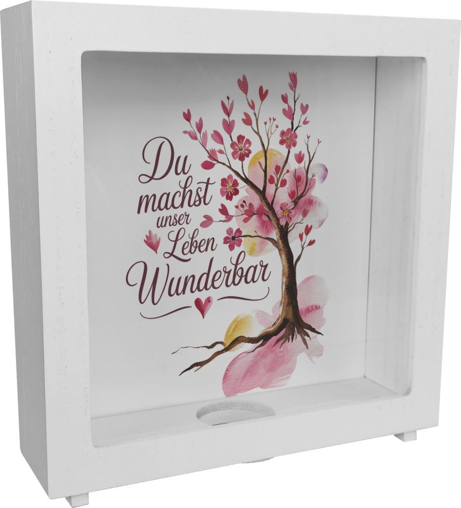 Du machst unser Leben wunderbar Rahmen Spardose aus Holz Baum mit Blumen