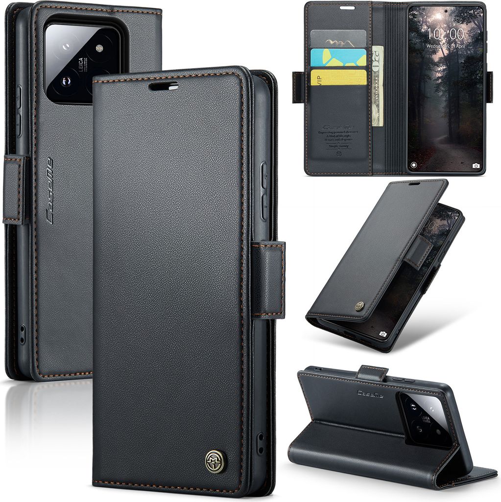 Xiaomi 14 Hülle, Leder Brieftasche Kartenfach Schutzhülle mit Standfunktion für Xiaomi 14 Schwarz