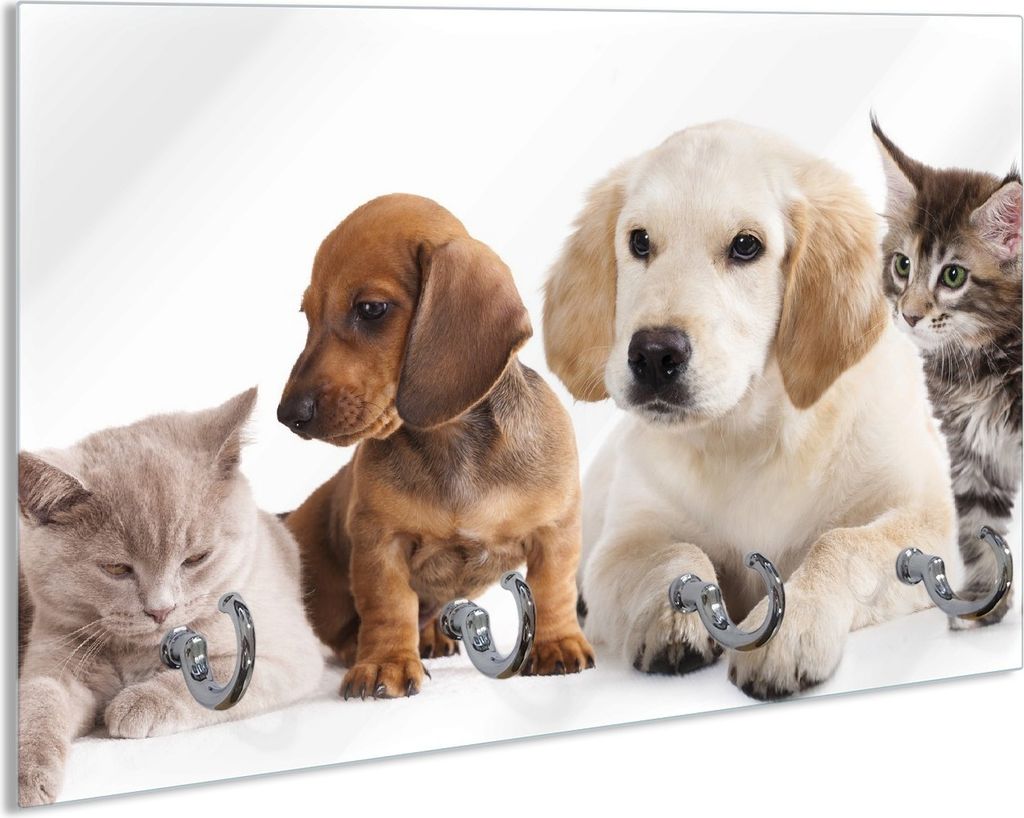 Wallario Handtuchhalter aus Glas, Motiv: Hundewelpen und Katzenjunge, 30 x 20 cm mit 4 Haken