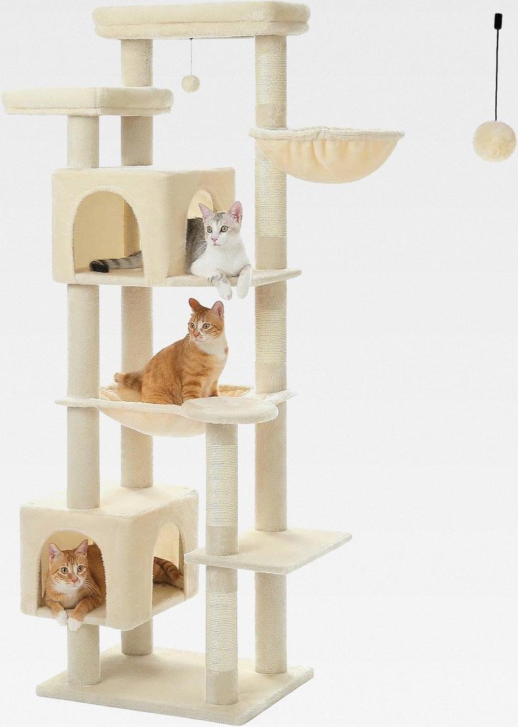 Großer Kratzbaum, 175 cm mehrstöckiger Kratzturm, Katzenturm für große Katzen, Katzenhaus mit 5 Sisal-Kratzsäulen, 2 Katzentoiletten, Korb, H...