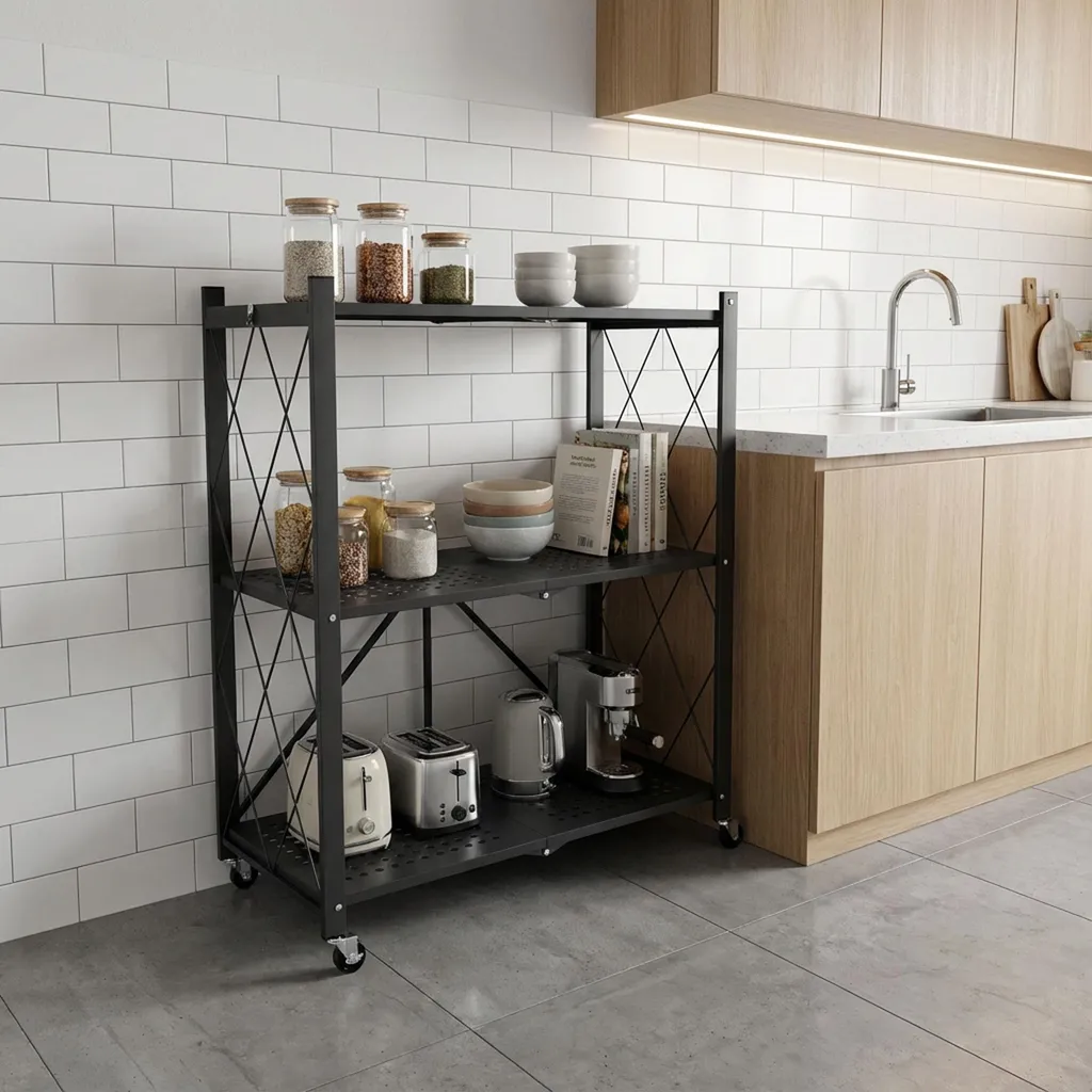 Étagère Métallique Pliable 3 Niveaux Gain de Place avec Roulettes Noir - 2