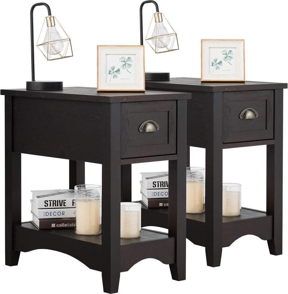 COSTWAY 2er Set Beistelltisch mit Schublade und Ablage, 2-stöckiger Sofatisch, schmaler Nachttisch, Kaffeetisch für Wohnzimmer, Schlafzimmer, 56 ...