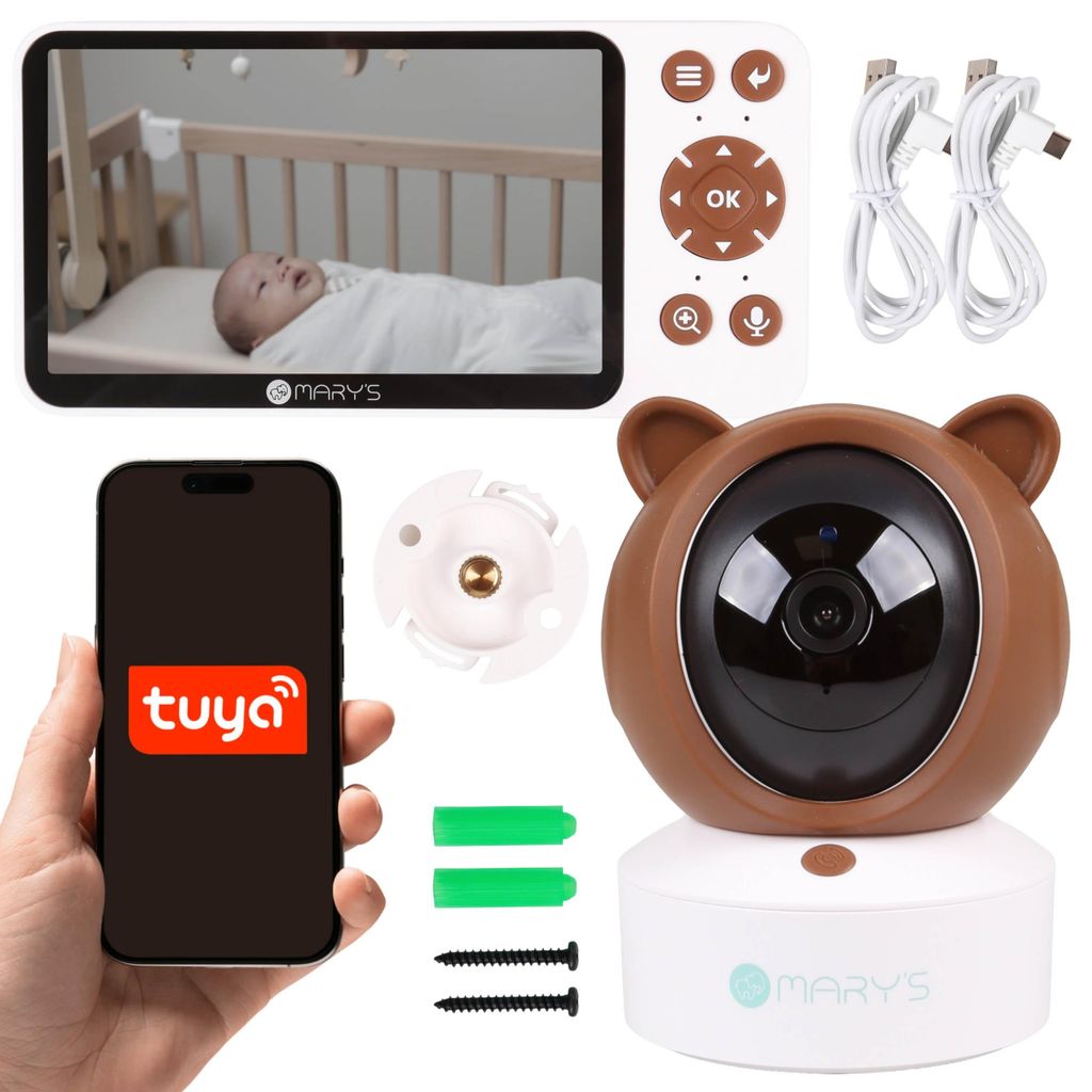Mary's Babyphone, Kinderkamera mit Monitor, Bären-Design 2-in-1, Schlaflieder, WiFi, TUYA-App, USB-aufladbar