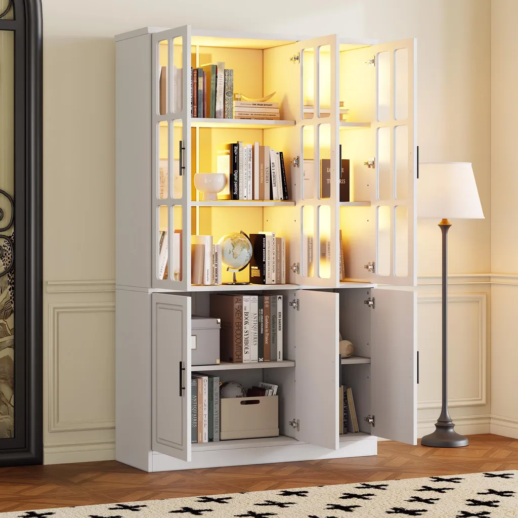 Buffet Vitrine Moderne 6 Portes avec LED Blanc - Meuble Rangement
