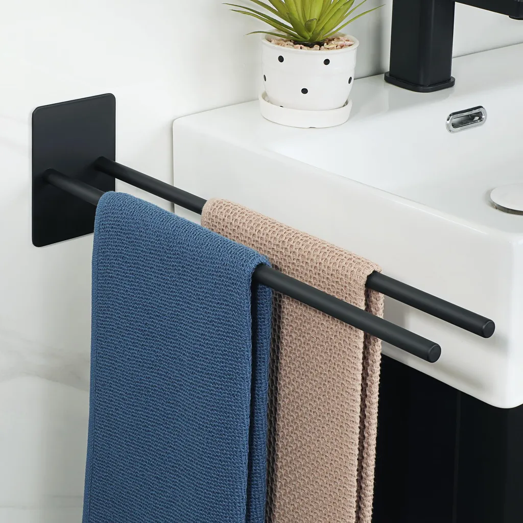 Double porte-serviettes mural sans perçage 40cm noir mat anticorrosion