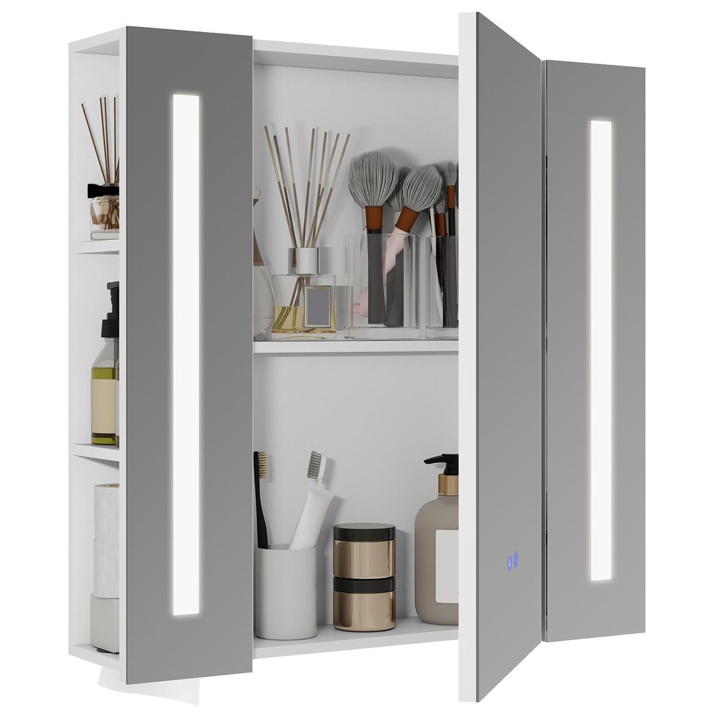 Puluomis Spiegelschrank Bad 70cm mit 3 färbiger dimmbarer Beleuchtung, Gewebebox Fach, Antibeschlag Badezimmerschrank Wandschrank Badezimmer Weiß