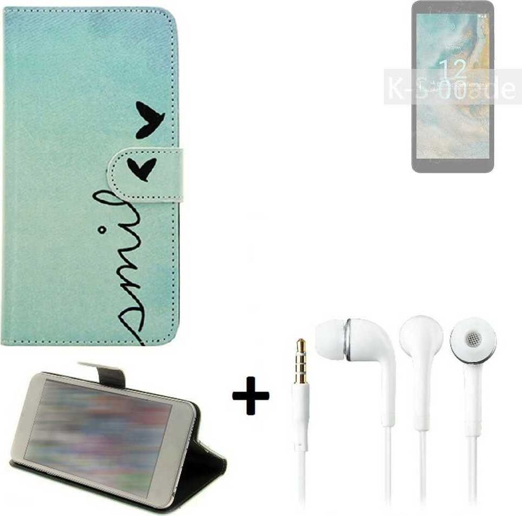 K-S-Trade Schutz Hülle Handy Hülle kompatibel mit Nokia C02 360° Wallet Case Schutz Hülle “smile“ inkl. Ohrstöpsel Smartphone cover Flipstyle