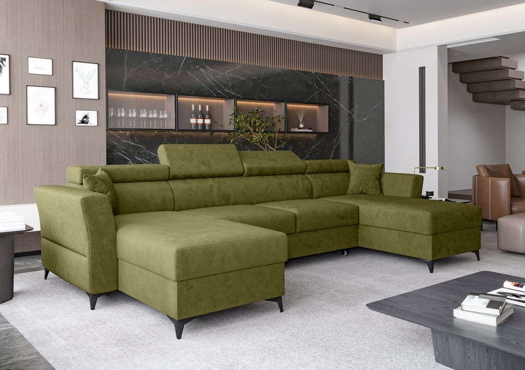 AX LIVING Ecksofa klein mit Schlaffunktion Ribella 345 cm Olivgrün U-Form