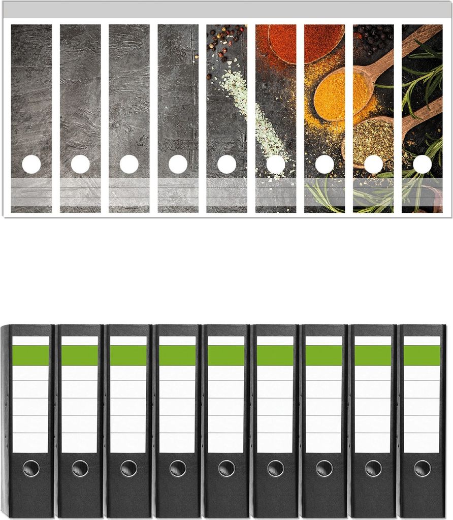 Wallario 9 Stück breite Ordner inkl. Klebeetiketten mit Motive Löffel mit verschiedenen Gewürzen - Set mit Rückenschildern / Ordnerrücken Sti...