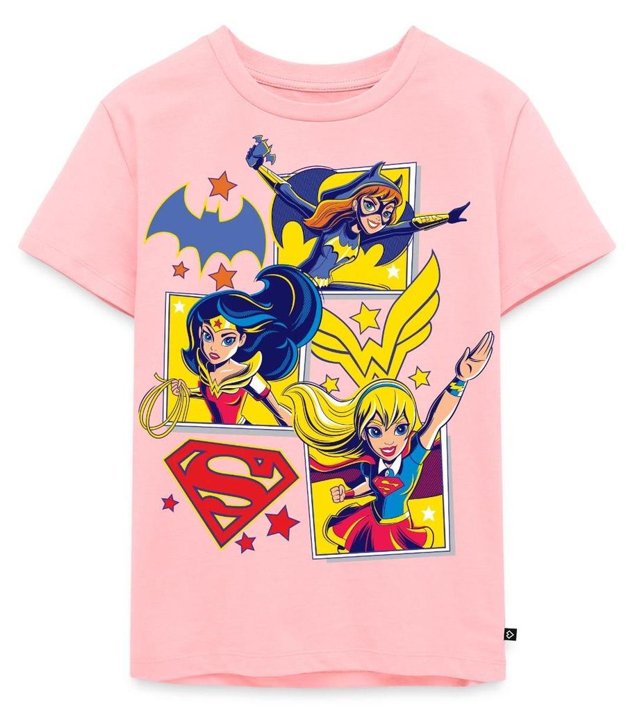 Spreadshirt Super Hero Girls Batgirl Wonder Woman Supergirl Kacheln Kinder Premium T-Shirt, 98/104 (2 Jahre), Rosa