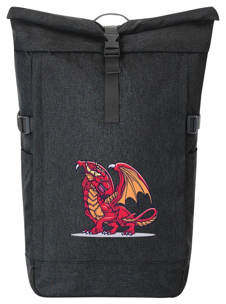 Huuraa Kurierrucksack Drache Comic 30-44 Liter Black Melange Fairtrade Rolltop Rucksack Geschenkidee