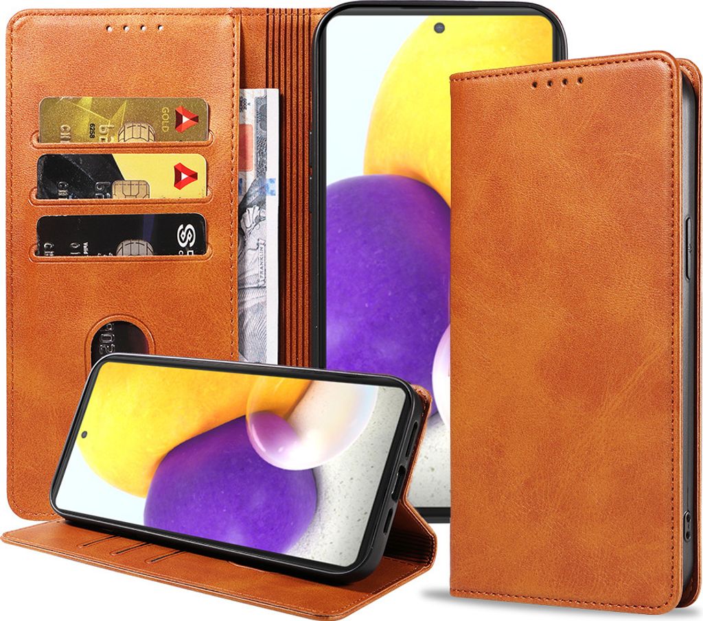 Smartphonica Samsung Galaxy A72 leren hoesje met magnetische sluiting en pashouders – Bruin