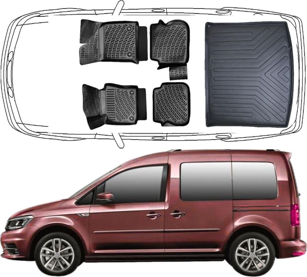 Set Autofußmatten und Kofferraummatte kompatibel mit VW Caddy IV 2011-2020 Auto Allwetter Gummimatten und Kofferraumwanne