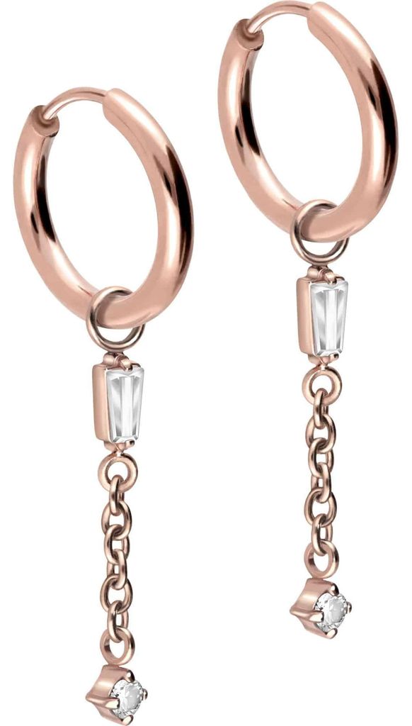Chirurgenstahl Ohrclicker Creolen 2 KRISTALLE + KETTE RoséGold Innendurchmesser: 10mm + Designstärke: 2mm