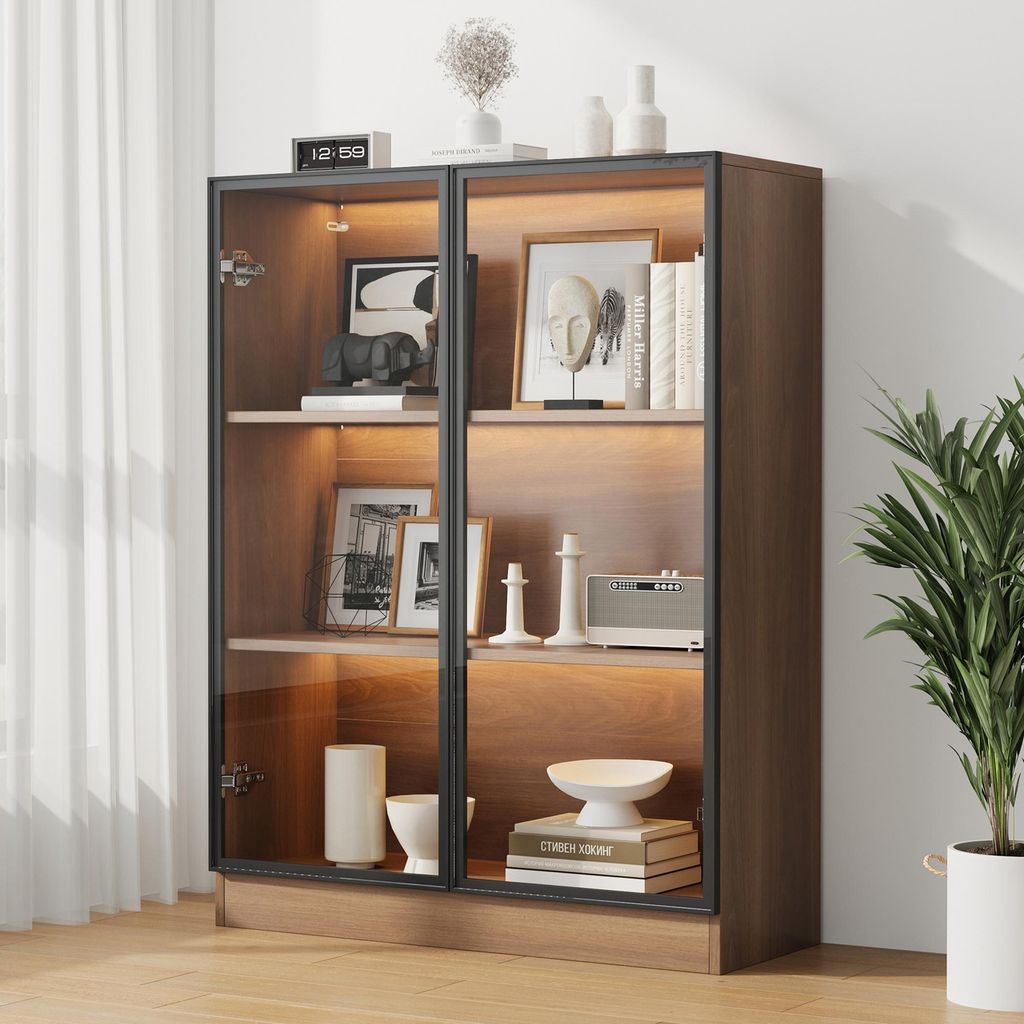 MERAX Glasvitrine Sideboard mit LED-Beleuchtung und 3 Einlegeböden, Standvitrine Wandvitrine aus gehärtetes Glas, 32x106x80cm Sammlervitrine Kommode