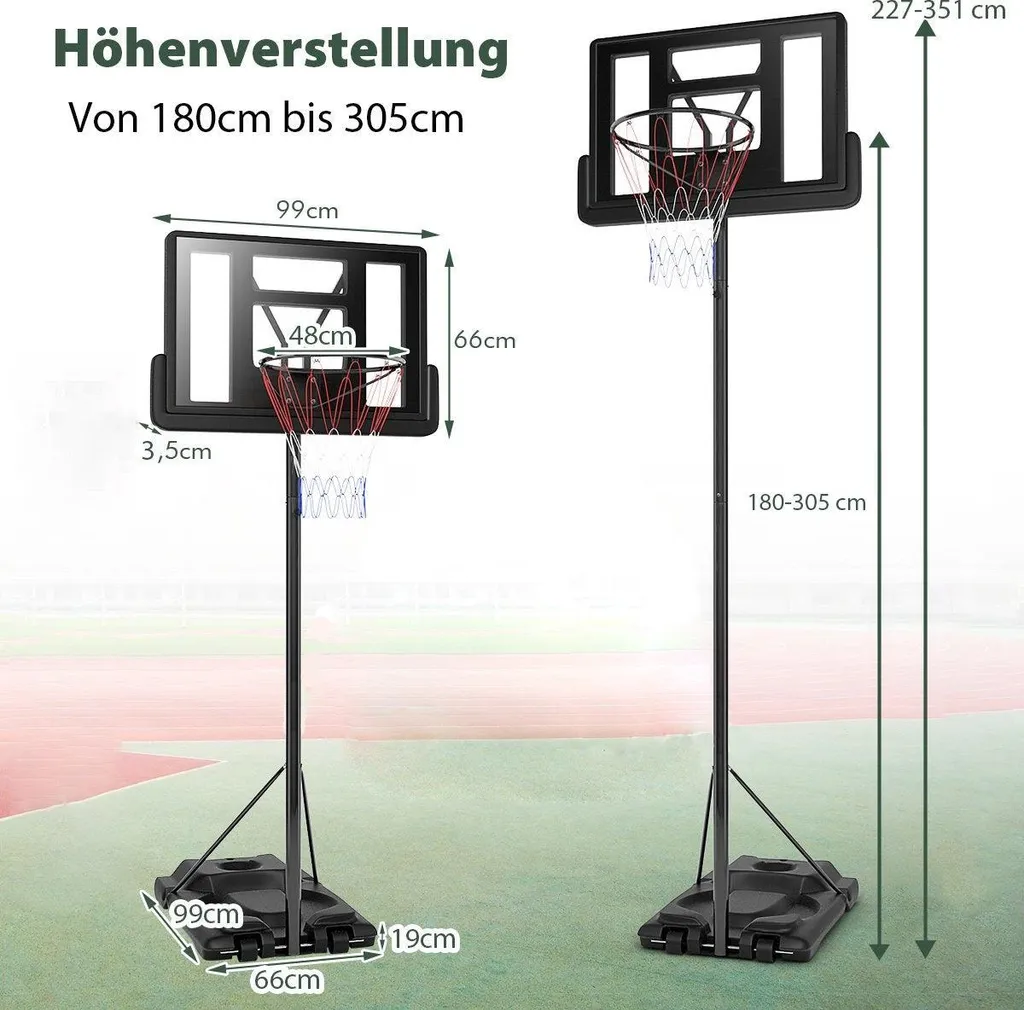 Support de basket-ball réglable 180-305 cm avec panier et socle stable