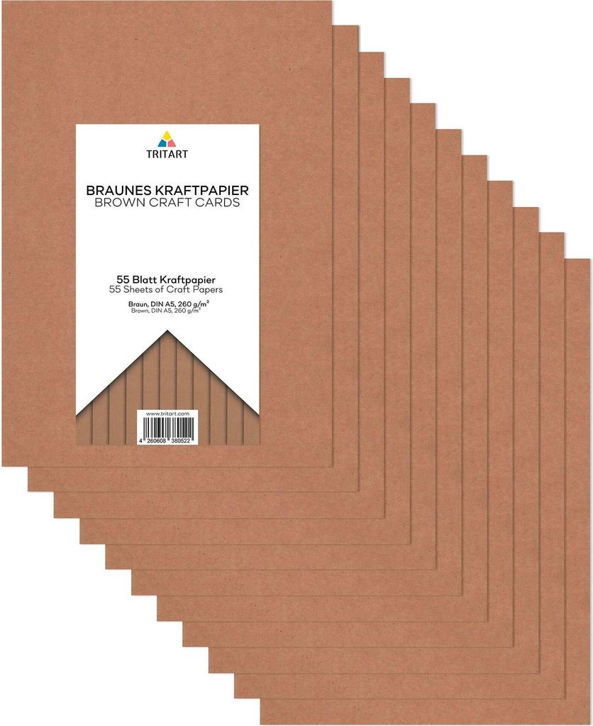 Tritart - Kraftpapier A5 260g /m² I Natur Karton für Faltkarten 55 Blatt I stabiles kreativ Tonpapier zum Basteln und Malen I Fester Zeichenkarto...