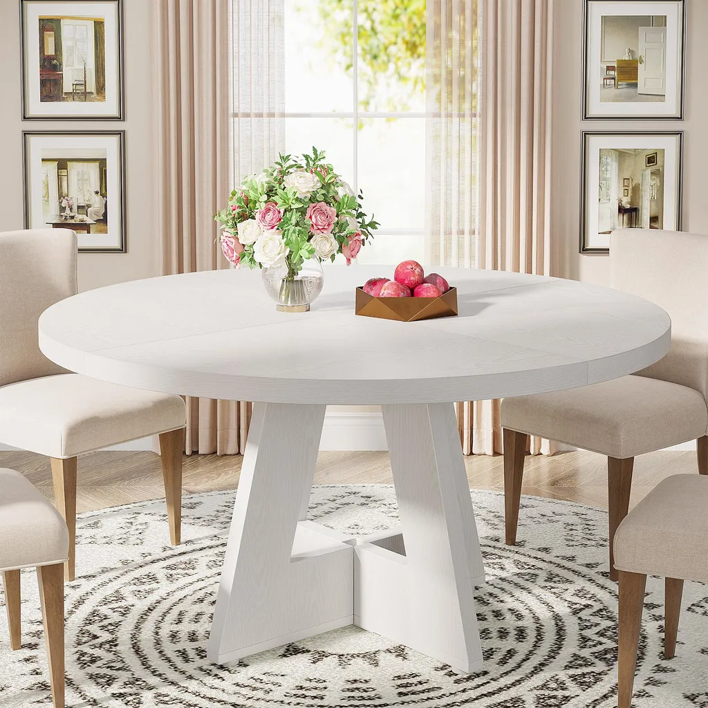 Table ronde rustique 120cm bois blanc avec structure stable renforcée