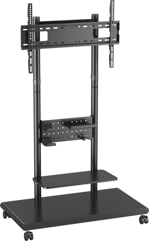 Equip Mobiler TV-Trolley (50–90 Zoll) mit Stecktafel-Regal, 200 x 200 mm, 600 x 400 mm, -18 - 3°, -12 - 12°, Kunststoff, Edelstahl, Schwarz