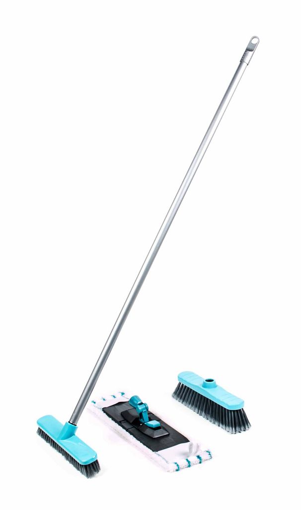 Bodenpflege-Set von Lifetime Clean mit Wischmopphalter, Wischmop, Besen, Schrubber und Metall-Stiel, 5-teilig, Farbe Blau