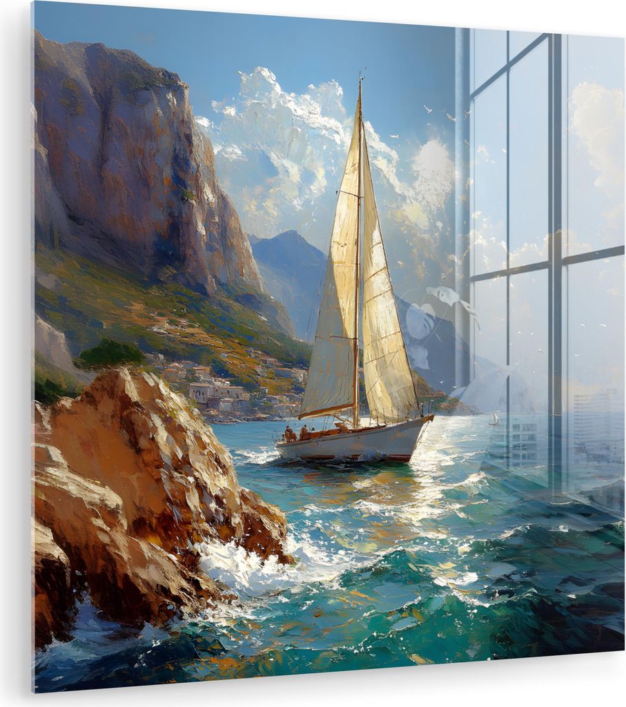 MuchoWow Glasbilder - Bilder auf Wandbild - Foto auf Glas Segelschiff - Meer - Felsen - Wolken 30x30 cm Wanddekoration aus Glas - Acrylglasbild - A...