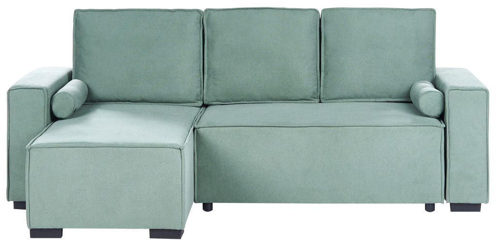 BELIANI 3-Sitzer Ecksofa Hellgrün Stoff Gepolstert L-Förmig mit Chaiselongue Rechts Armlehnen Schlaffunktion Stauraum 2 Kissen Modernes Schlafsofa