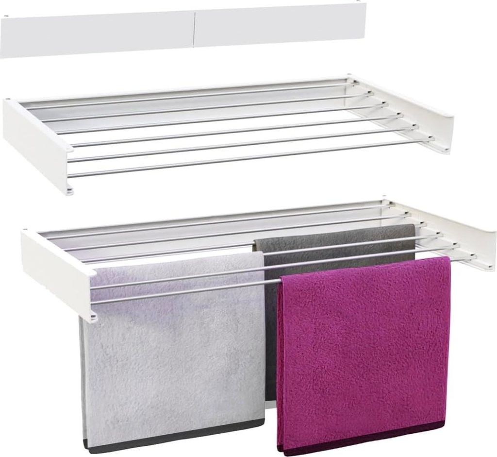 A white wall-mounted drying rack with multiple bars, shown empty and then with two towels hanging on it.