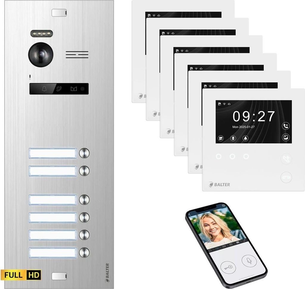 BALTER EVO HD Unterputz Video Türsprechanlage Silber 6x 4.3 Zoll Mini HD WiFi Monitor Weiß Set für 6 Familienhaus