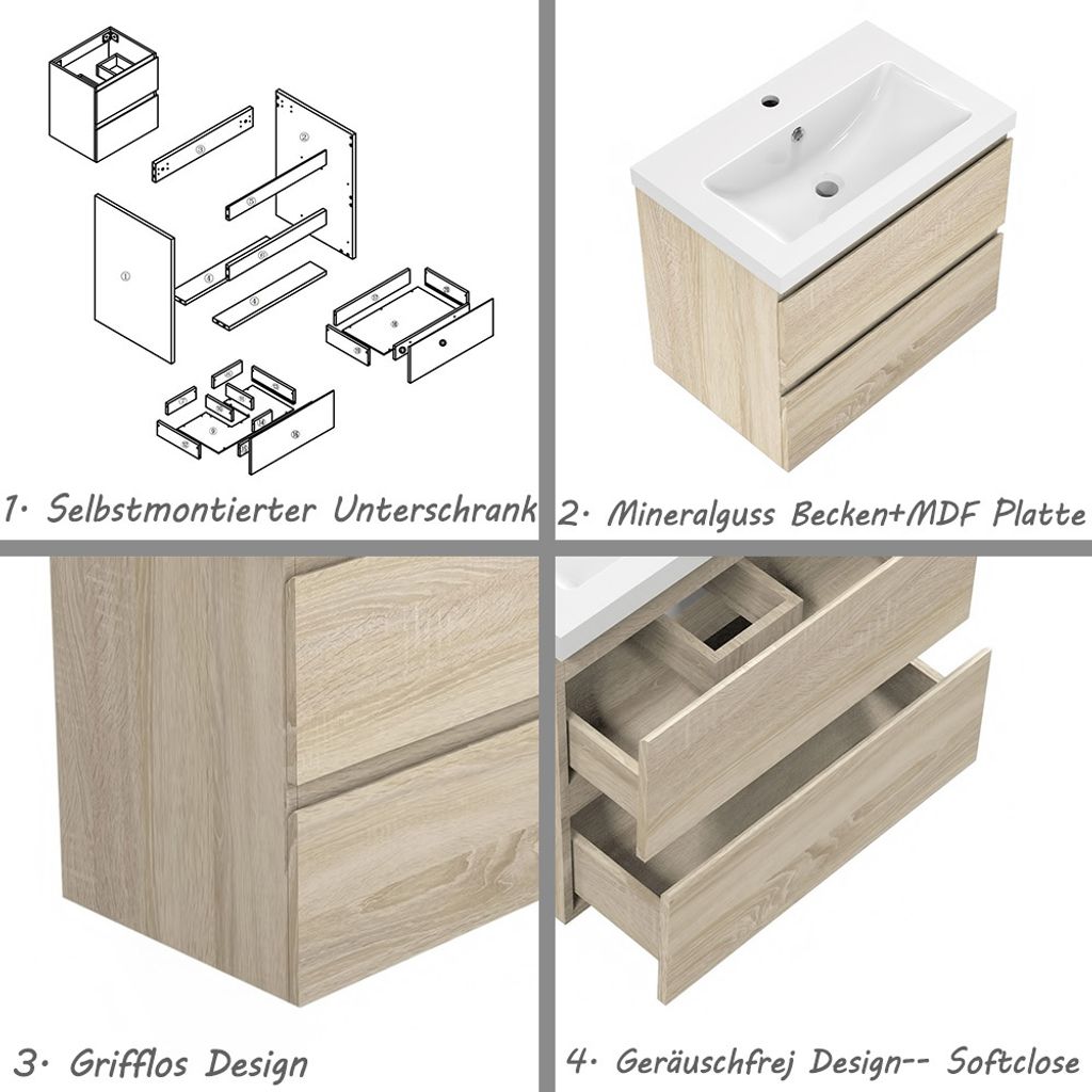 Waschtisch mit Unterschrank 50 cm Waschbecken Mineralguss Produktbild 3
