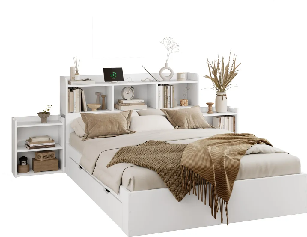 Lit avec rangement 140x200 cm et ports de charge USB blancs - 6
