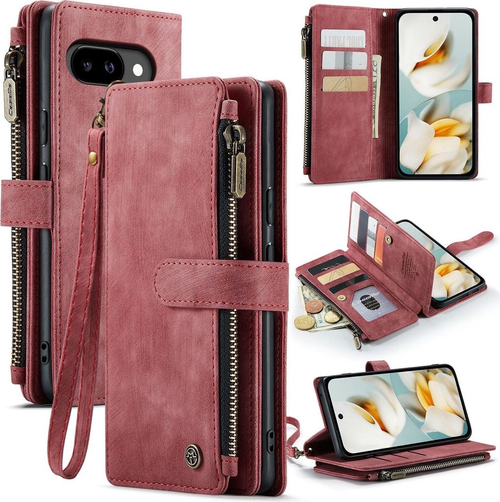 Für Google Pixel 9a CaseMe Kunstleder Multifunktion Zipper Wallet Tasche Rot