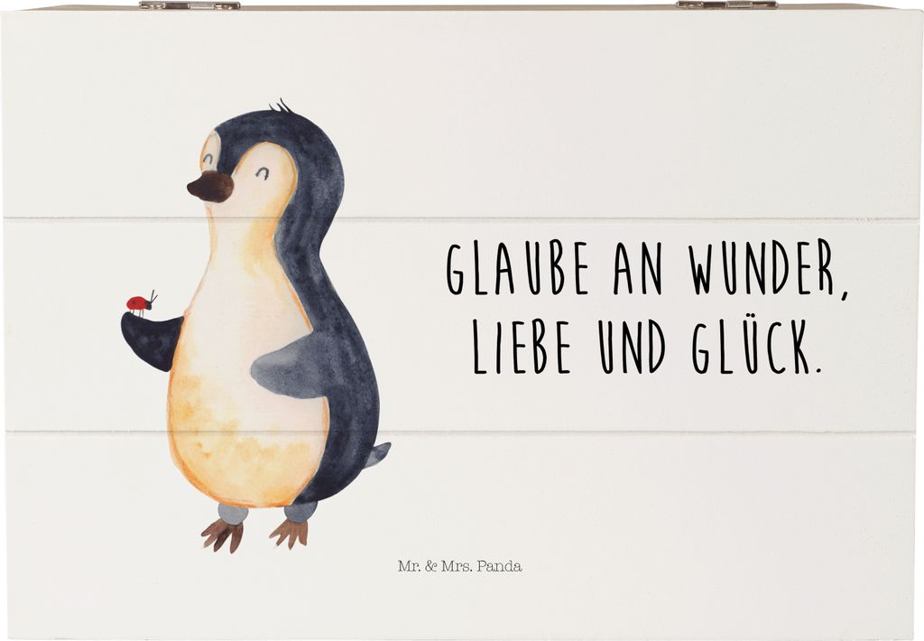 Mr. & Mrs. Panda truhe holz Pinguin Marienkäfer 22 x 15 cm - Weiß - Geschenk, fotobox, Wunder, Liebe, Aufmerksam, Schatzkiste, Holzkiste mit Deck...