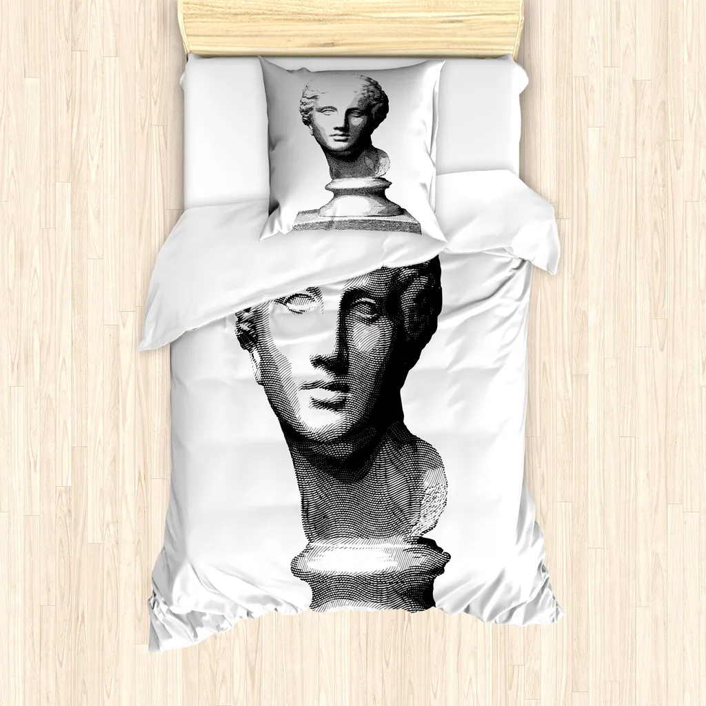 ABAKUHAUS Set copripiumino antico per letti singoli, motivo artistico con testa di donna, antiacaro, adatto a chi soffre di allergie, con federa, 135 cm x 200 cm - 80 x 80 cm, grigio antracite e bianco
