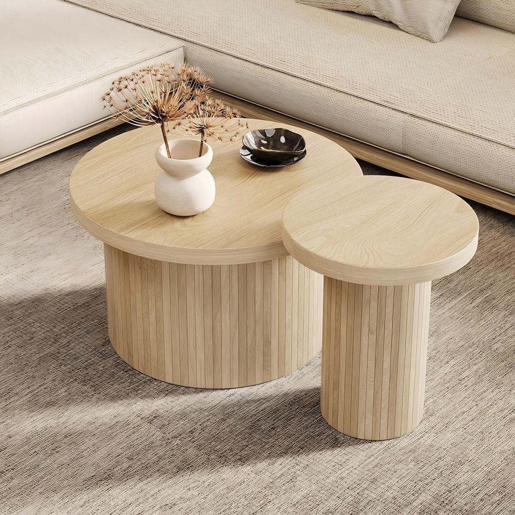 Abrihome 2er Set Rund Couchtisch Wohnzimmertisch-66x40+40x46cm (Ø x H) mit Naturholzlatten, Natur