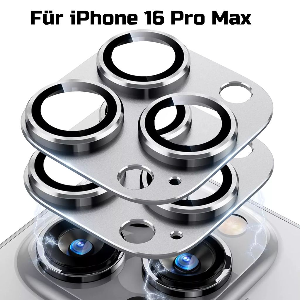 A close-up, layered view of camera lens protectors for an iPhone 16 Pro Max, with lightning effects around the phone's camera lenses.