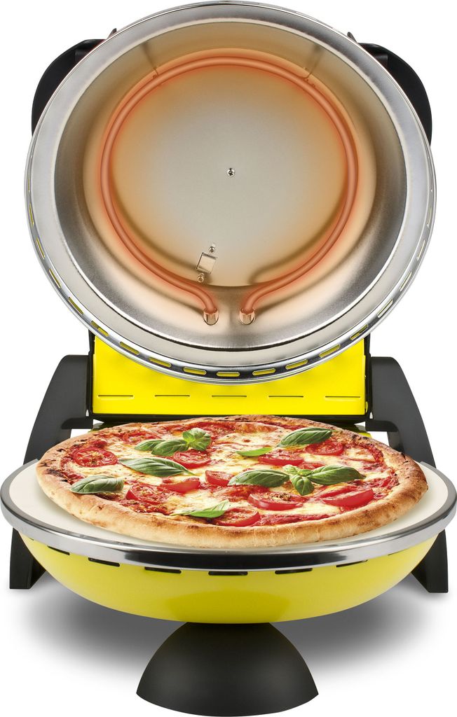 A pizza maker with a pizza inside, shown with the lid open.