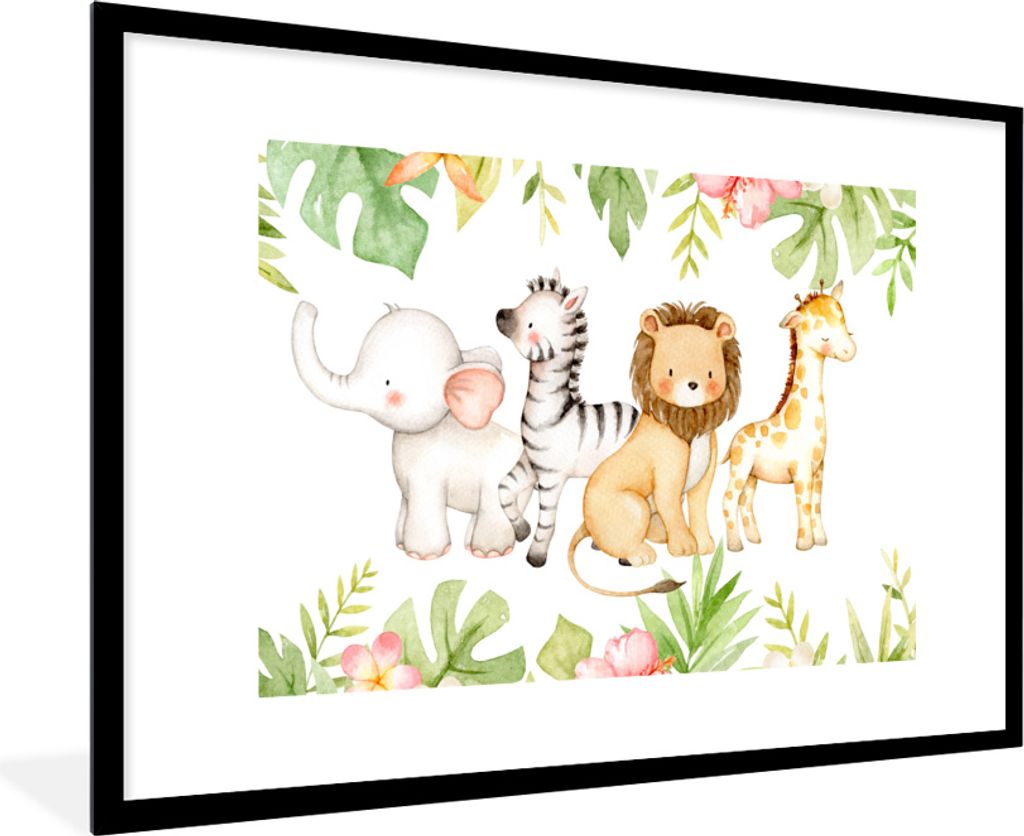 MuchoWow MuchoWow Gerahmtes Poster Dschungel - Tiere - Aquarellfarbe 90x60 cm - Poster mit zchwarzem Bilderrahmen - Wanddekoration - Fotos