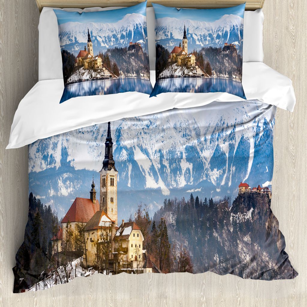 ABAKUHAUS Winter Bettbezug, See-Szene Illustration, Milbensicher Allergiker geeignet mit Kissenbezügen, 200 cm x 200 cm - 80 x 80 cm, Mehrfarbig