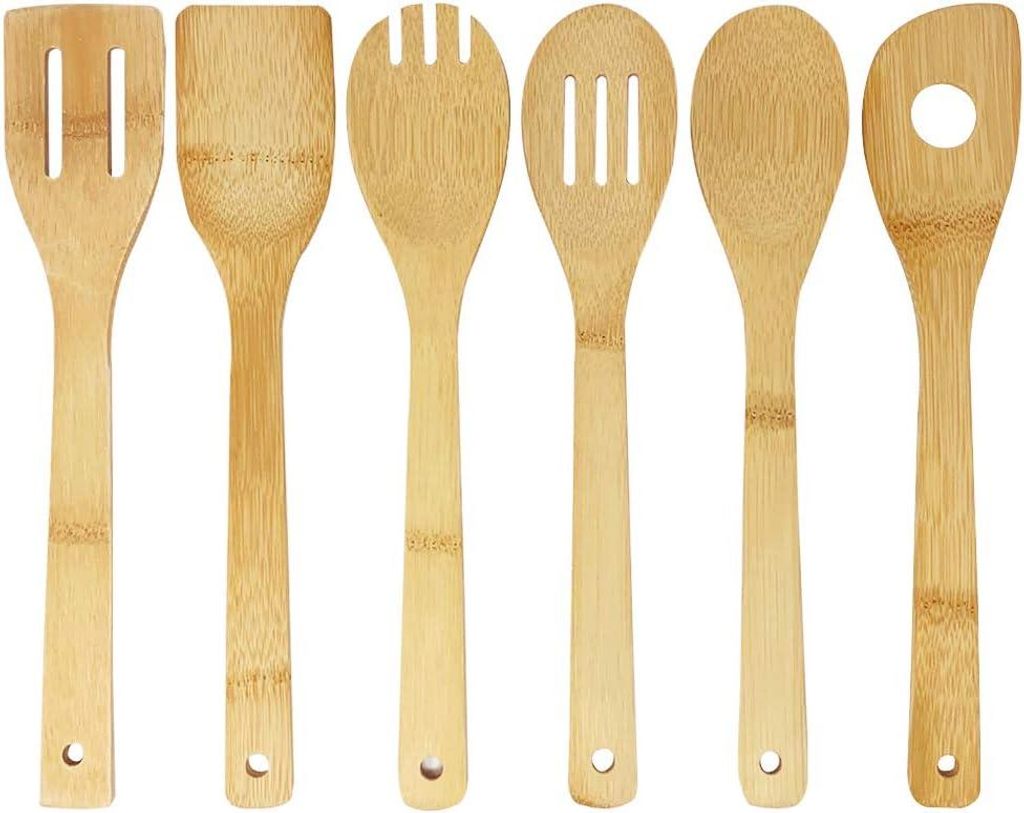 Küchenutensilien aus Bambus | 6-teiliges Holzset: Löffel, Pfannenwender, Gabel, Schaumlöffel