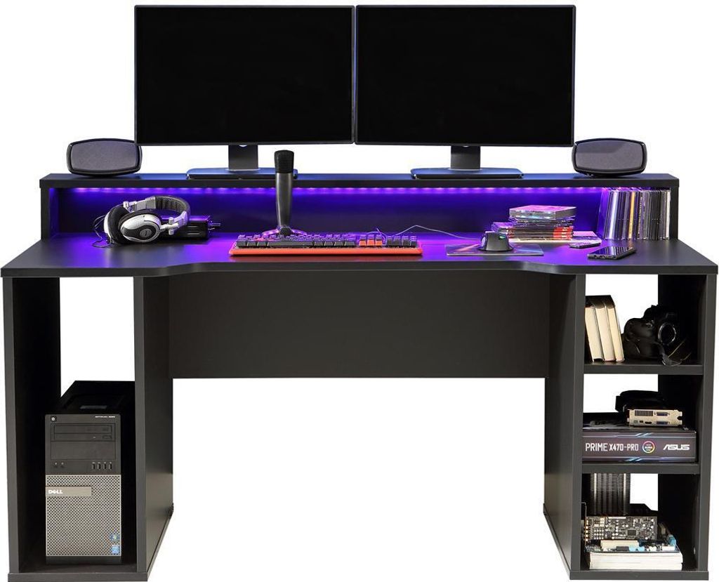 Schreibtisch Gamingdesk Computertisch Zockertisch Tisch Gaming Büro "Tamas I" Schwarz matt / inkl. Beleuchtung