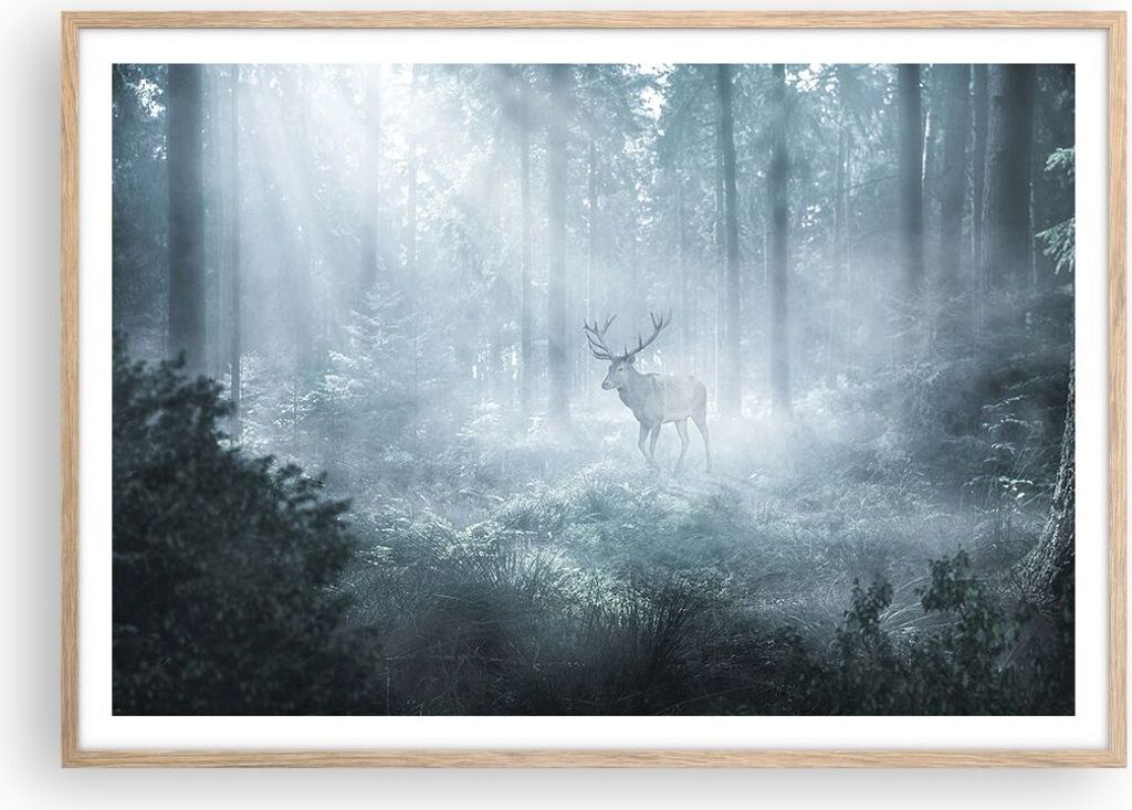 Gerahmtes Poster - Rahmen in heller Eiche - Hirsch Wald Morgendämmerung - 100x70 cm - Wand Bild - Wanddeko - Wandbilder - Kunstposter - Wandposter...