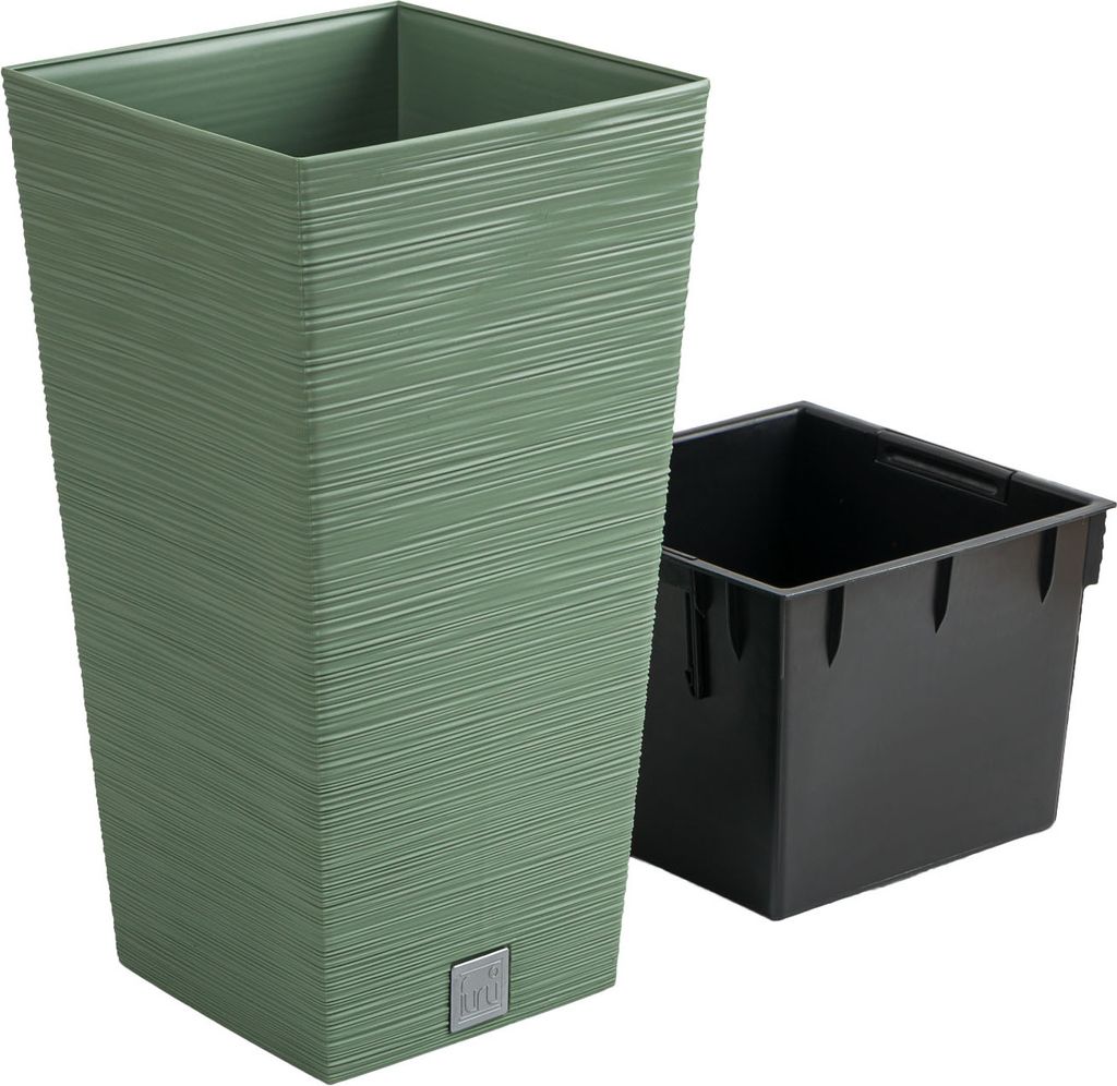 A green planter and a black insert are shown against a white background.