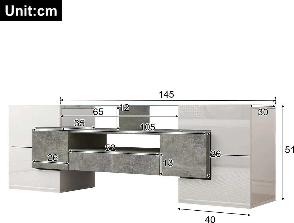 Meuble TV blanc 145x50 cm avec éclairage LED et cadre en bois robuste