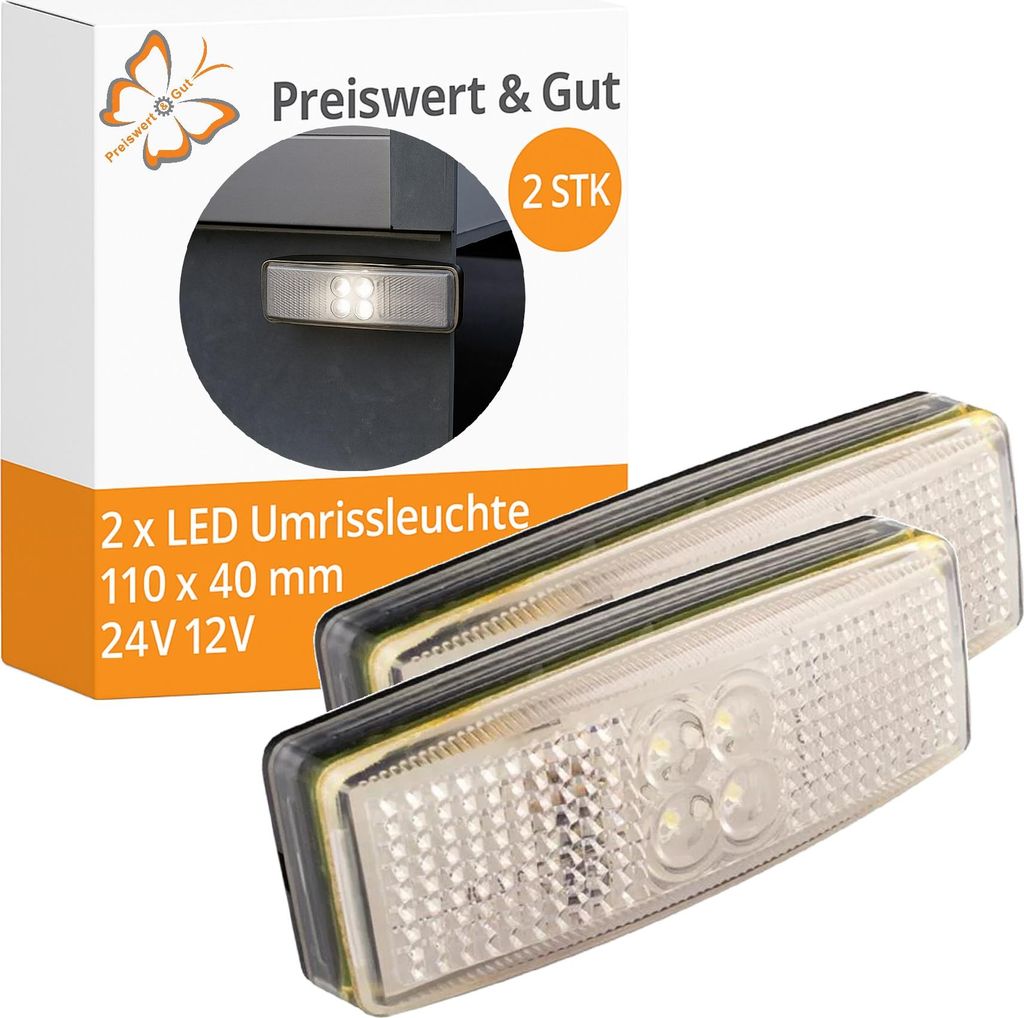 2 x LED Umrissleuchte 12-24 Volt Begrenzungsleuchte mit ECE E9 für Wohnwagen und Anhänger, Kabellänge 18cm, 110 x 40 mm