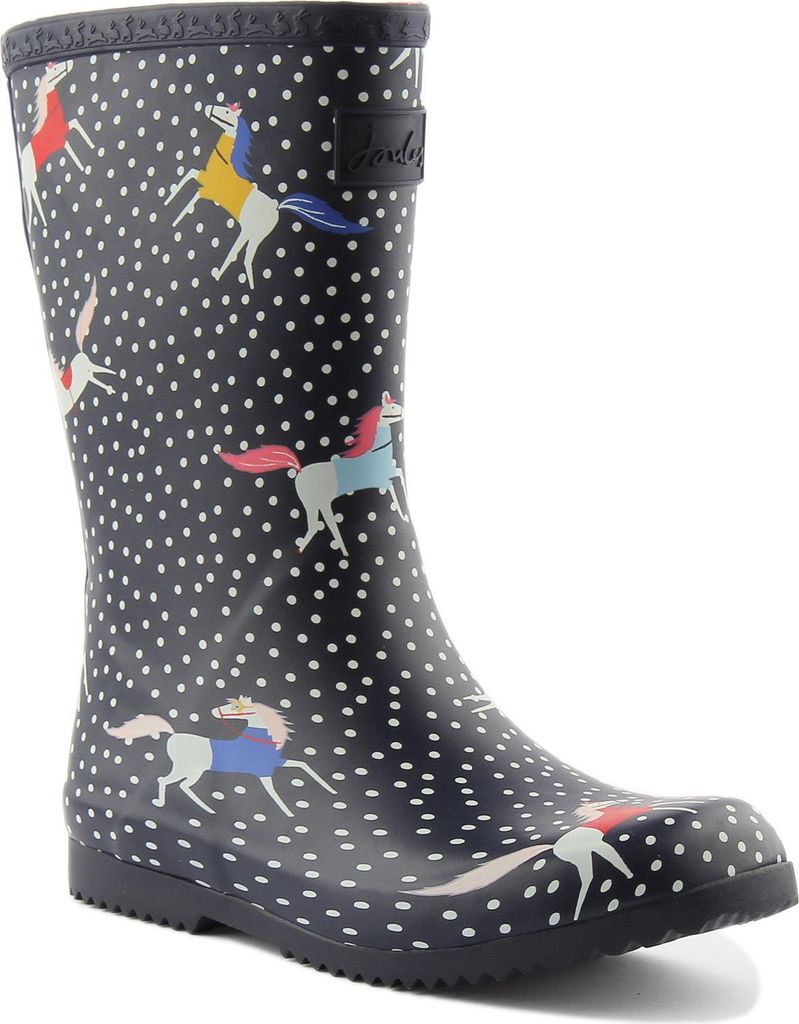 Joules JNR Roll Up Kinder Pferde Und Dot Drucken Welly Stiefel In Marine Weiß (10 UK - 28 EU - 11 US)