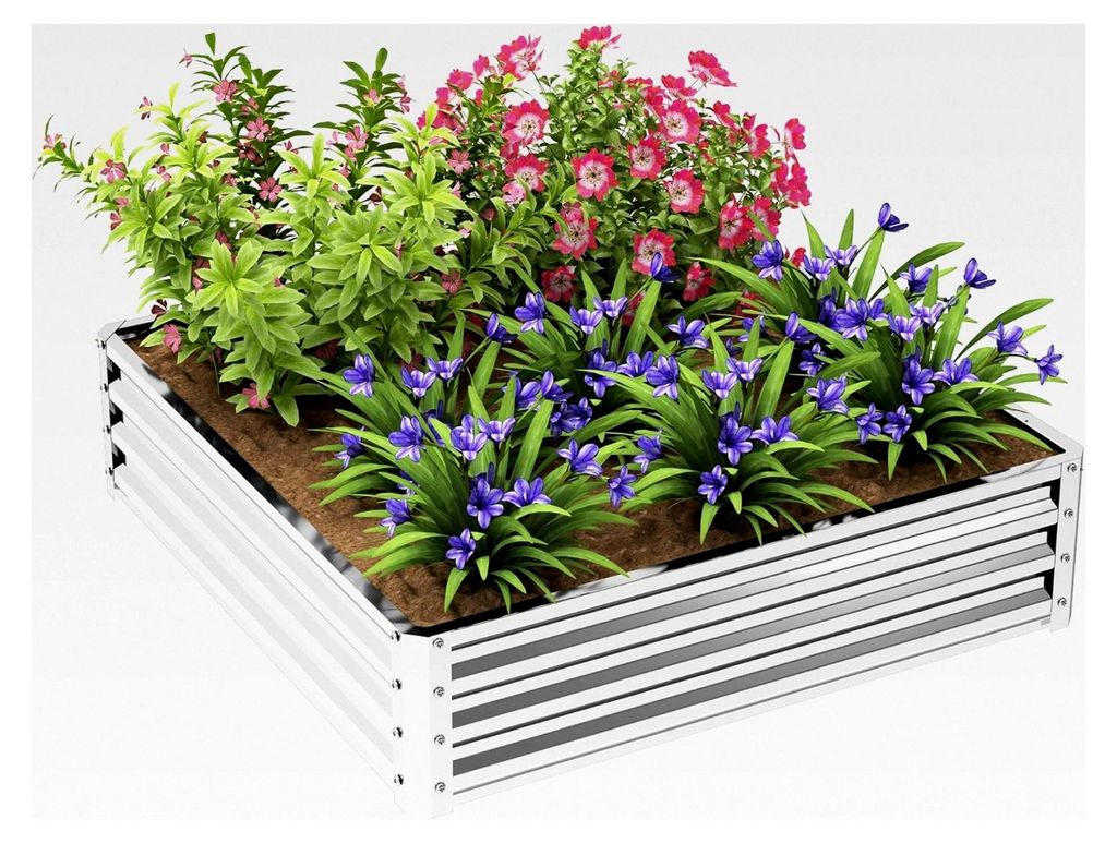 Hochbeet, Blumenkasten, Gemüsebeet, Pflanzkasten, Kräuterbeet für Garten, Terrasse, Balkon, Stahl, Silber, 120 x 120 x 30 cm
