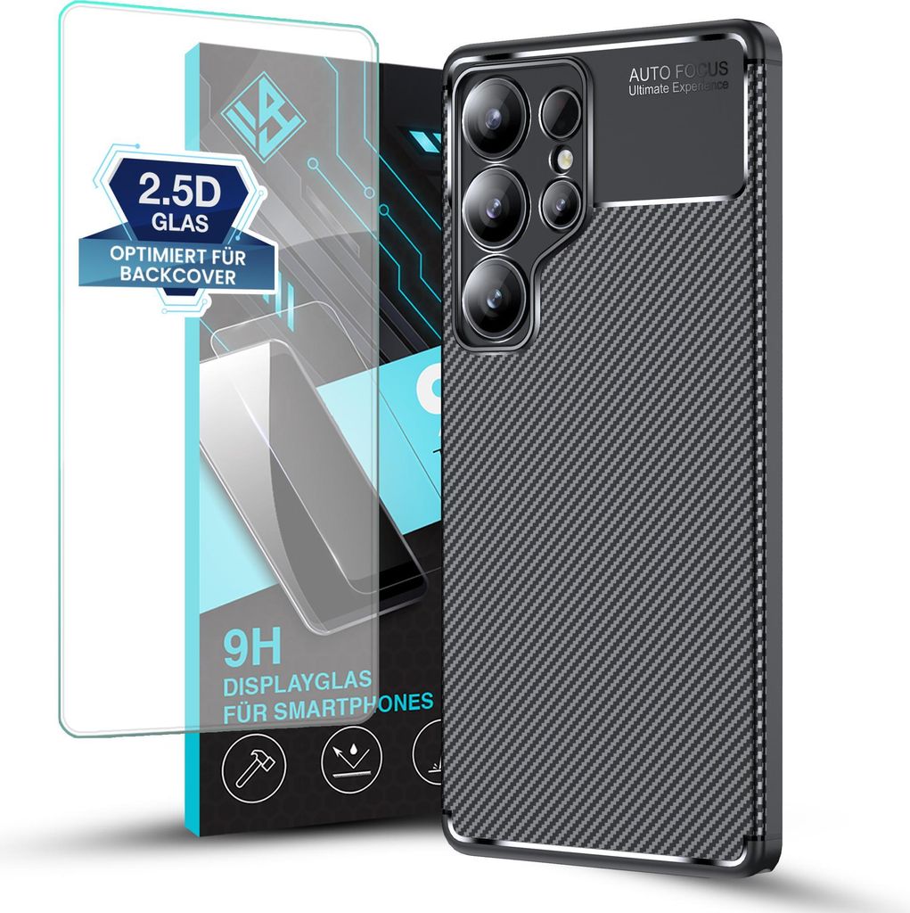 A smartphone case and screen protector are displayed against a white background.