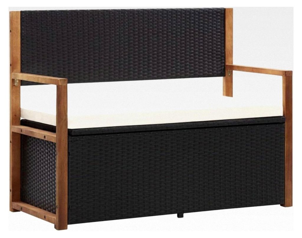 Massivholzbank aus Akazie mit Stauraum, Sitzbank für den Garten, Truhenbank, Kissentruhe, Kissenbox, Auflagenbox 115 cm, Poly Rattan Schwarz